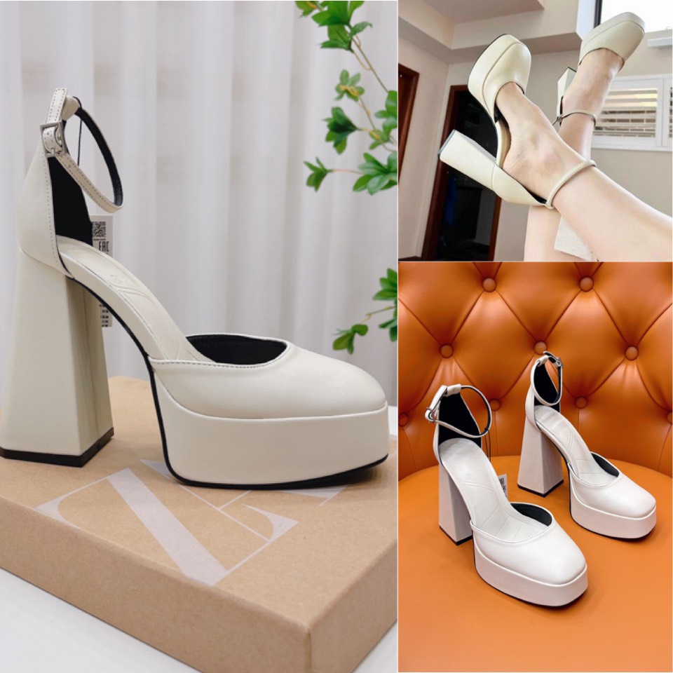 Sandal đế đúp màu kem gót trụ cao 12cm