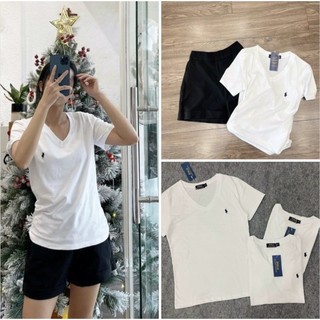 Áo thun trắng đen cổ tim trơn thêu logo mới ❤️