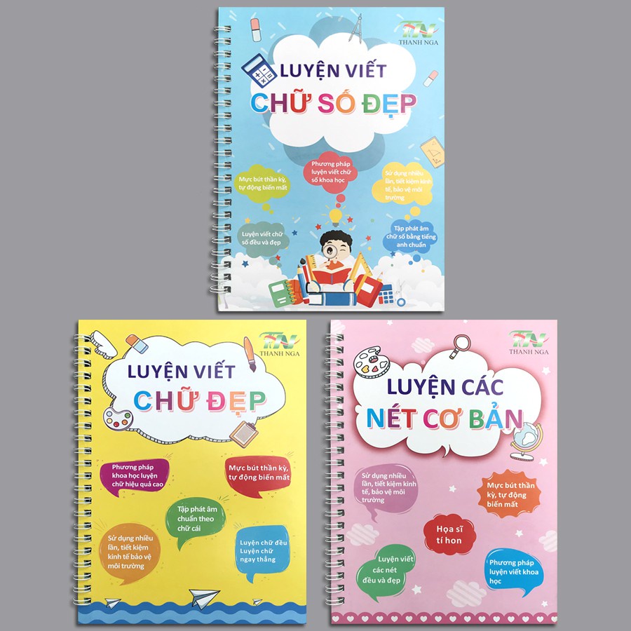 Combo 3 Tập viết TỰ XÓA nét LÕM kèm bút tự bay màu cho bé luyện dễ dàng
