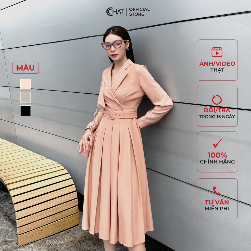 Đầm Nữ 𝐂𝐂𝐇𝐀𝐓 Cổ Ve Kiểu Dập Ly Kèm Đai Chất Tuytsi Cao Cấp 22VNS2009LT