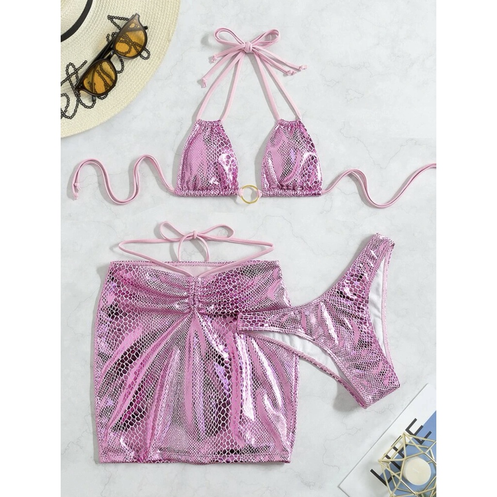 SET BIKINI 3 MÓN HỒNG DA RẮN KHUY TRÒN KÈM CHÂN VÁY