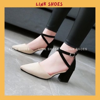 Giày sabo gót vuông cao mũi nhọn hậu dây sandal thời trang mới