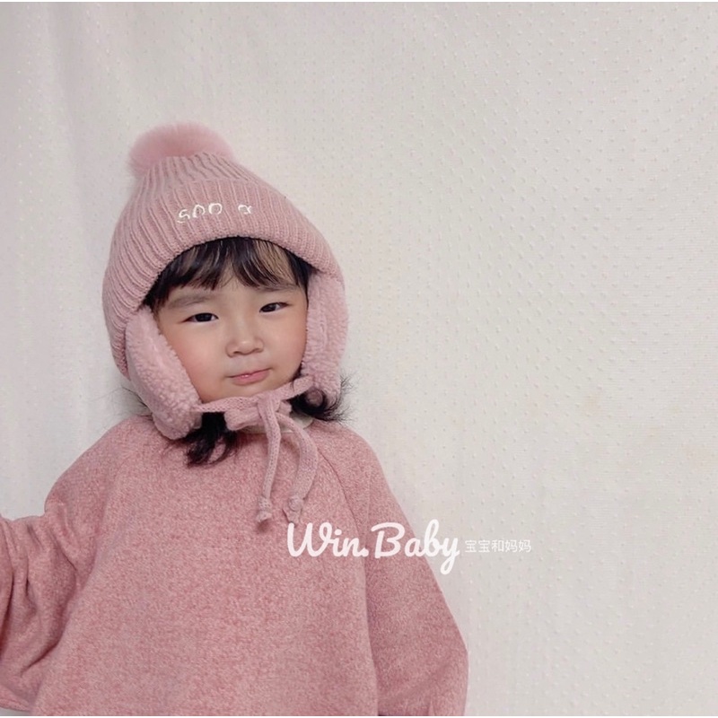 Mũ len dệt kim THÊU TÊN cho bé lót lông, bịt tai siêu ấm