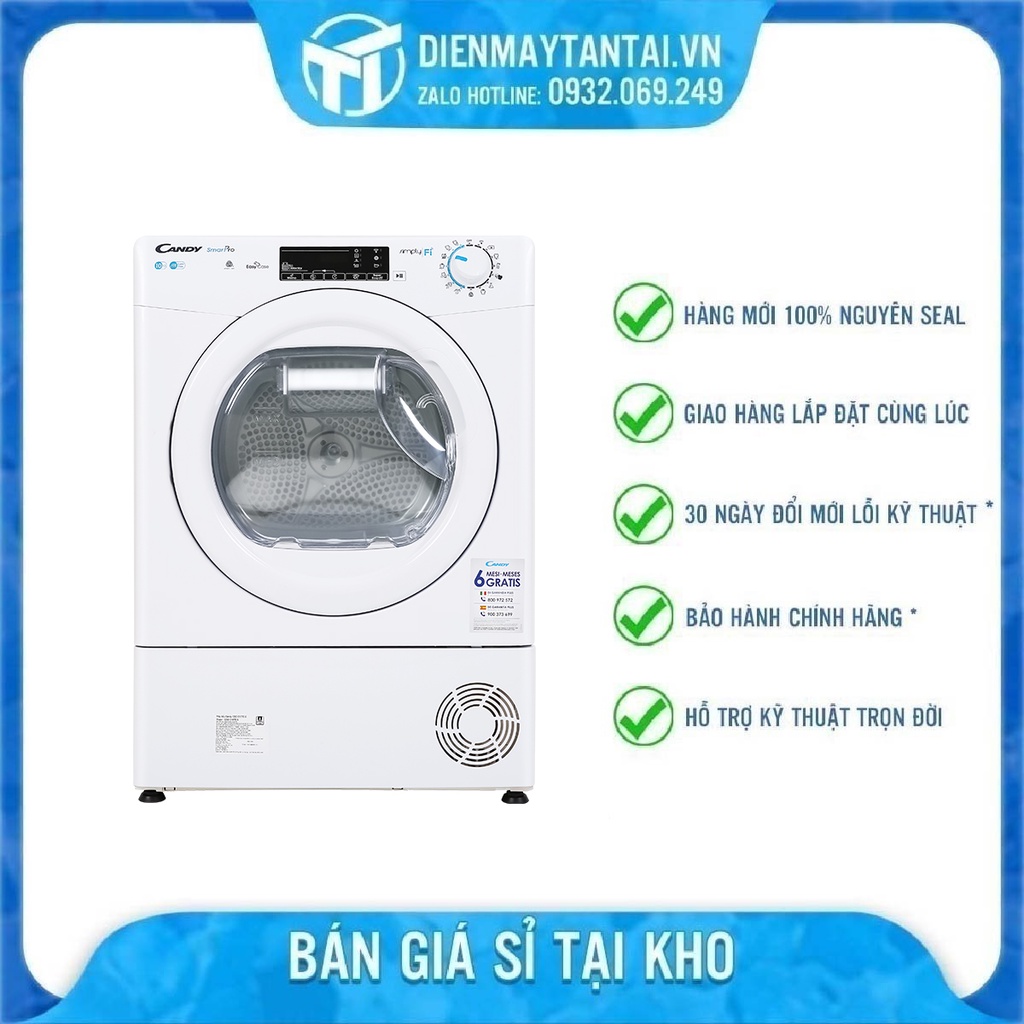 Máy sấy Candy 10 Kg CSO C10TE-S Mới 2020, Điều khiển máy bằng điện thoại có hỗ trợ NFC Đèn báo làm sạch bộ lọc Sấy