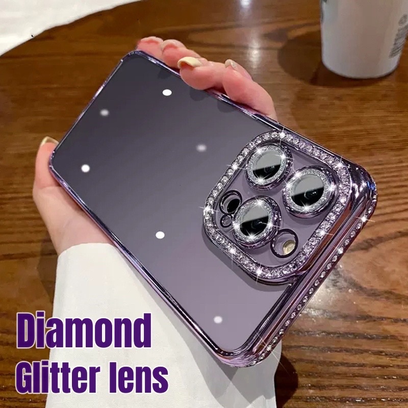 Ốp lưng Meruyi viền màu đính đá camera gắn nhũ cho iPhone 14 Pro Max, 14 Pro, 14 Plus, 13 Pro max bảo vệ camera siêu nổi