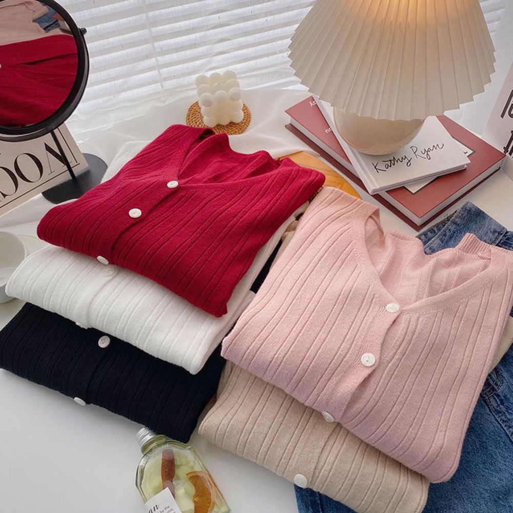 Áo Khoác Cardigan Dệt Kim Mỏng Màu Trơn Cổ Chữ V Tay Dài Phong Cách Thời Trang Mùa Thu Hàng Mới 5 Màu Sắc