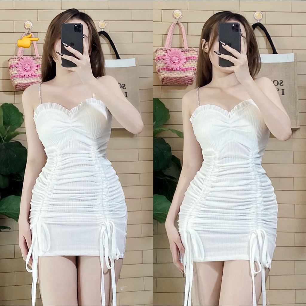 Đầm xốp 2 dây xích ôm body rút dây 2 bên dáng ngắn cực xinh , chất xốp dày dặn co giãn