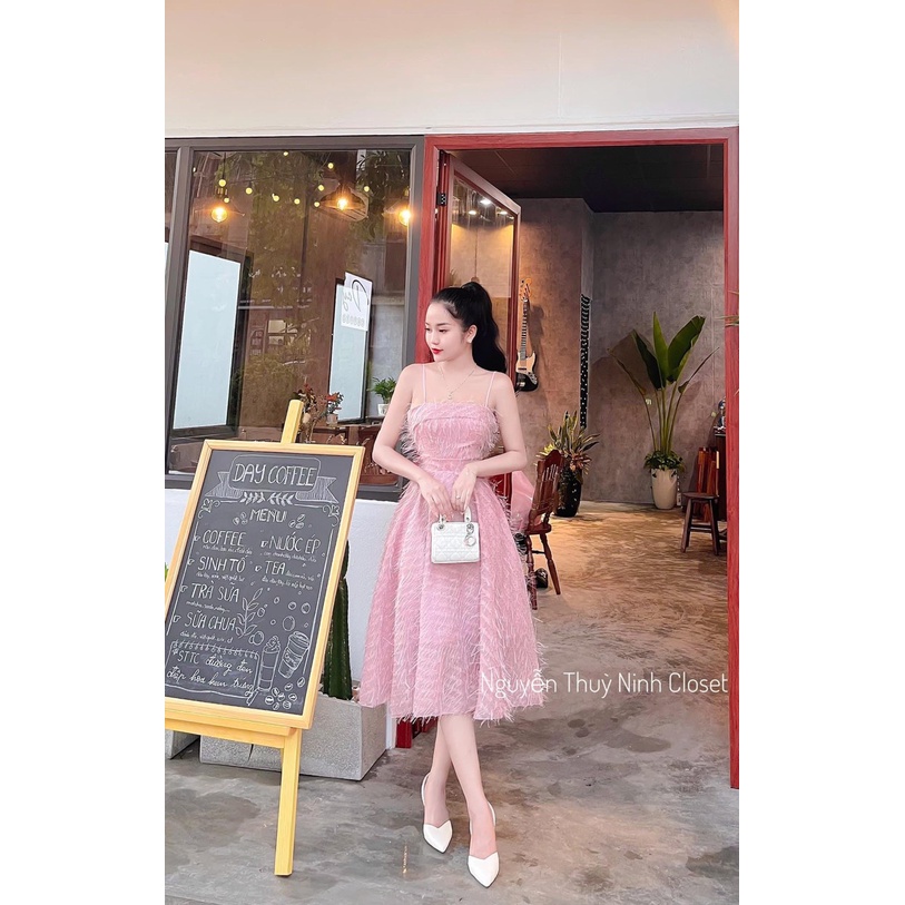 Đầm lông vũ Hot Girl 2 Dây Dự Tiệc Thiết Kế, Đầm Tiểu Thư Sang Chảnh Cao Cấp Dáng Dài