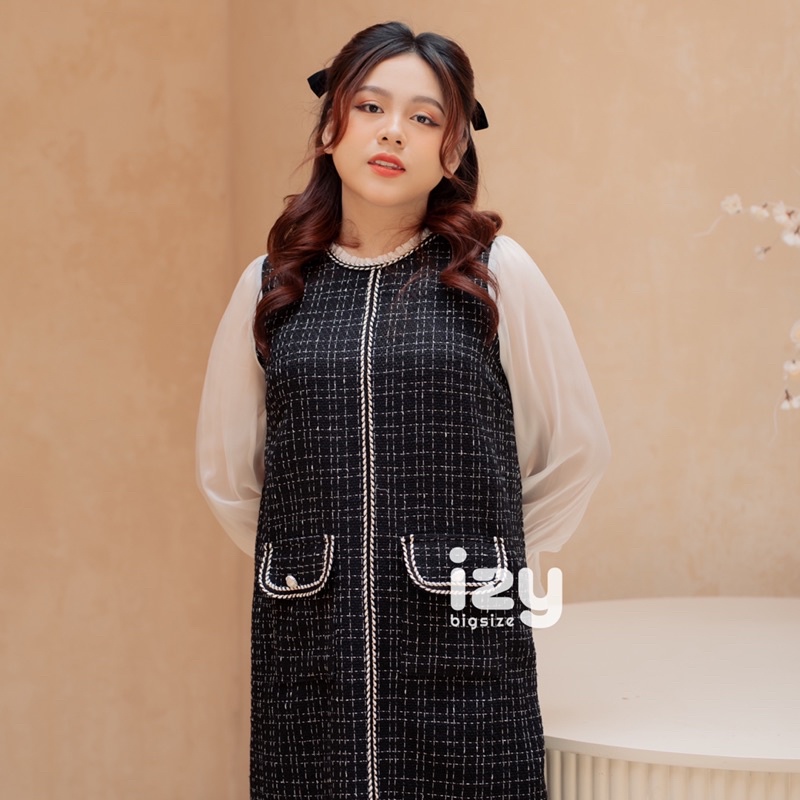 VÁY ĐẦM DẠ TWEED BIGSIZE ĐEN VIỀN TAY TƠ NHŨ - CHLOE DRESS - IZYBYNHI