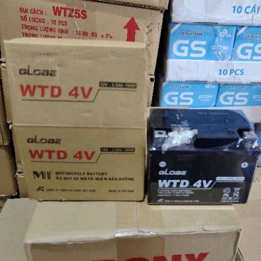 ẮC QUY GLOBE khô WTD 4V (3.5A) cho wave Việt 100 110, luvias, ab110 ex135 ex150 click110, vision 2012 2013 2014 3.5ah