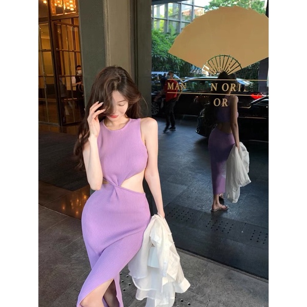 Đầm len body tím cut eo