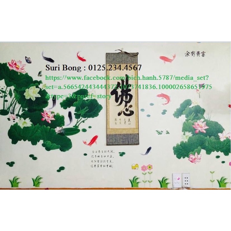 Decal dán tường Cá và hoa sen to nhất