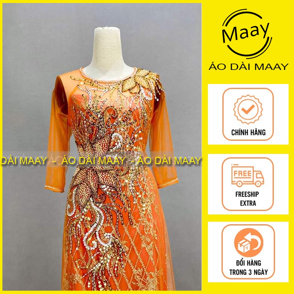 Áo dài mẹ trung niên kim sa đính kết cao cấp cổ tròn tay lỡ, áo dài bà sui dạ hội