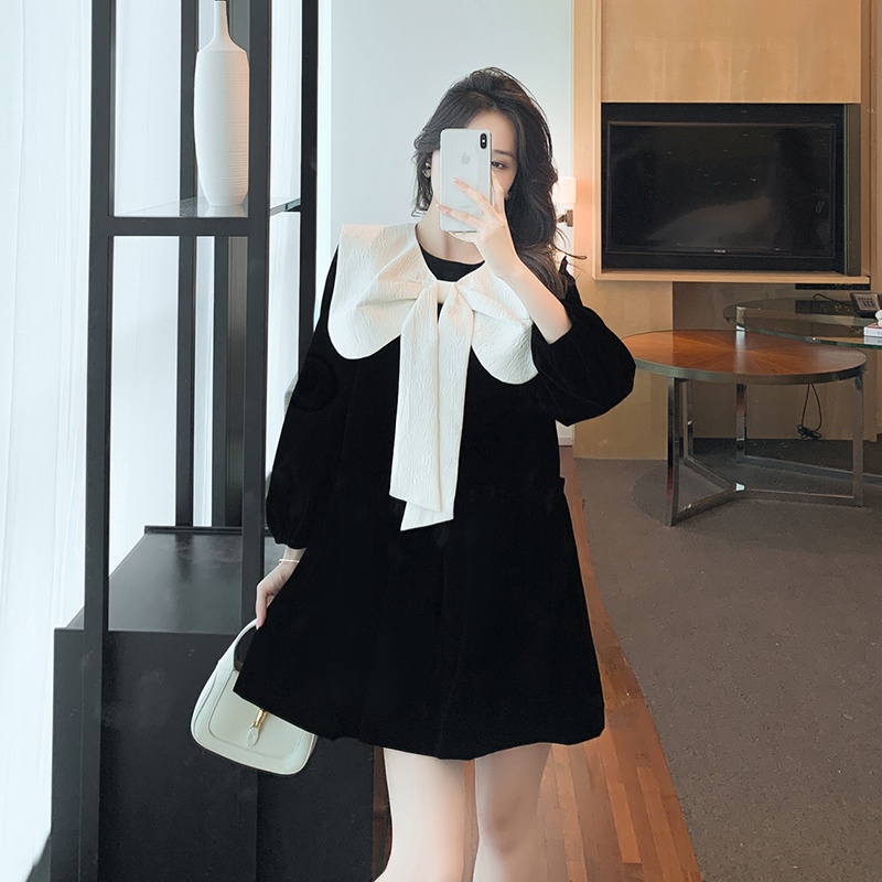 Đầm Nhung Dài Tay Phối Nơ Xinh Xắn Dành Cho Nữ