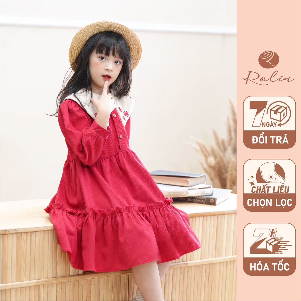 Váy bé gái Donna ROLIA cổ nhọn thêu hoa chất nhung tăm mềm mịn V122