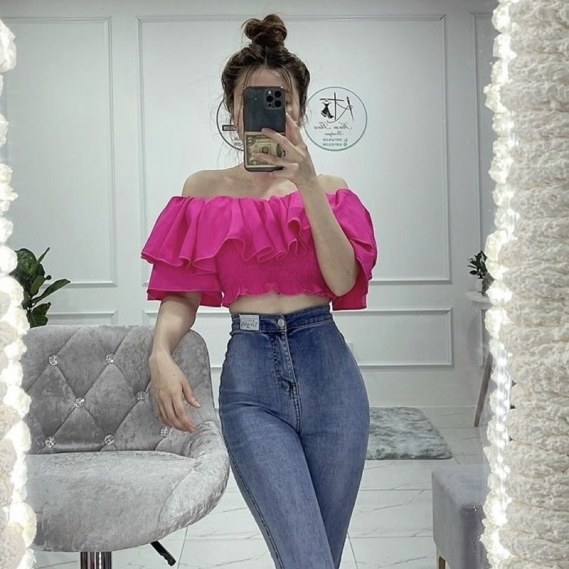 Áo trễ vai tay phồng bánh bèo tầng siêu xinh 2 lớp dày dặn