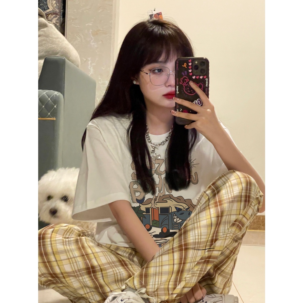 Áo Thun Ngắn Tay Dáng Rộng In Họa Tiết Dễ Thương Phong Cách Hàn Quốc