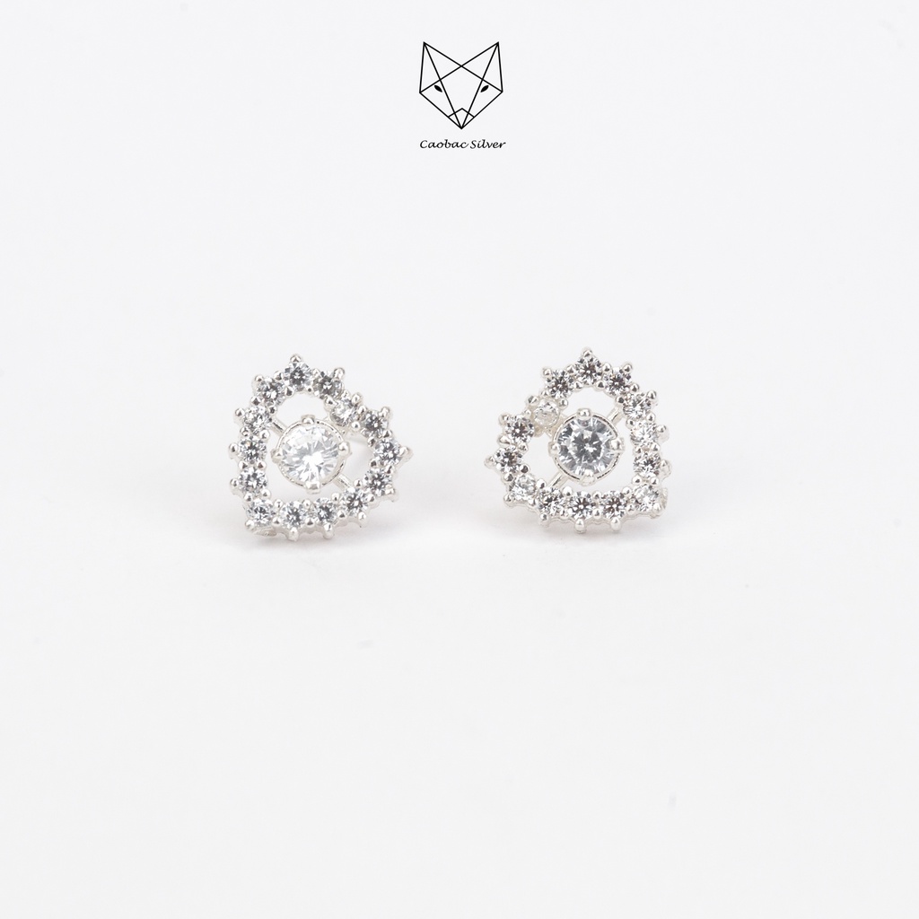 Khuyên Tai Bạc Ta Nữ CaoBac Silver Hình Tim Đá Nhọn Ổ Đá Giữa Lấp Lánh, Thanh Lịch Xinh Xắn Dành Cho Bạn Gái
