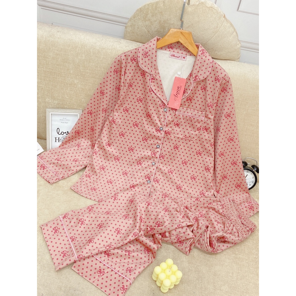 Bộ đồ mặc nhà ANNA, set đồ pijama nhung tăm cao cấp dáng dài thu đông họa tiết trẻ trung, màu sắc nổi bật tôn da