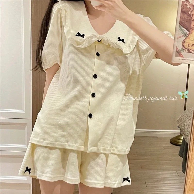 Set cộc tay COTTON cổ sen nơ đen