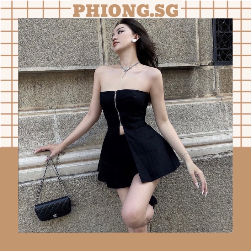 Set áo ống khoá kéo cúp ngực xẻ tà giữa kèm quần short ngắn arian