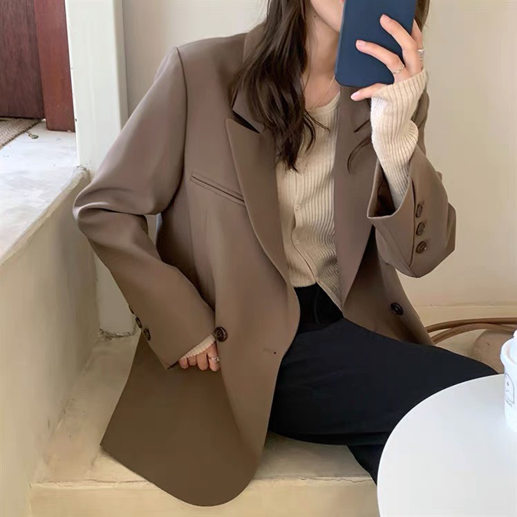 Áo khoác blazer dáng dài hàn quốc, Áo choàng mùa đông 2 lớp màu nâu, đen quảng châu form rộng | BigBuy360 - bigbuy360.vn