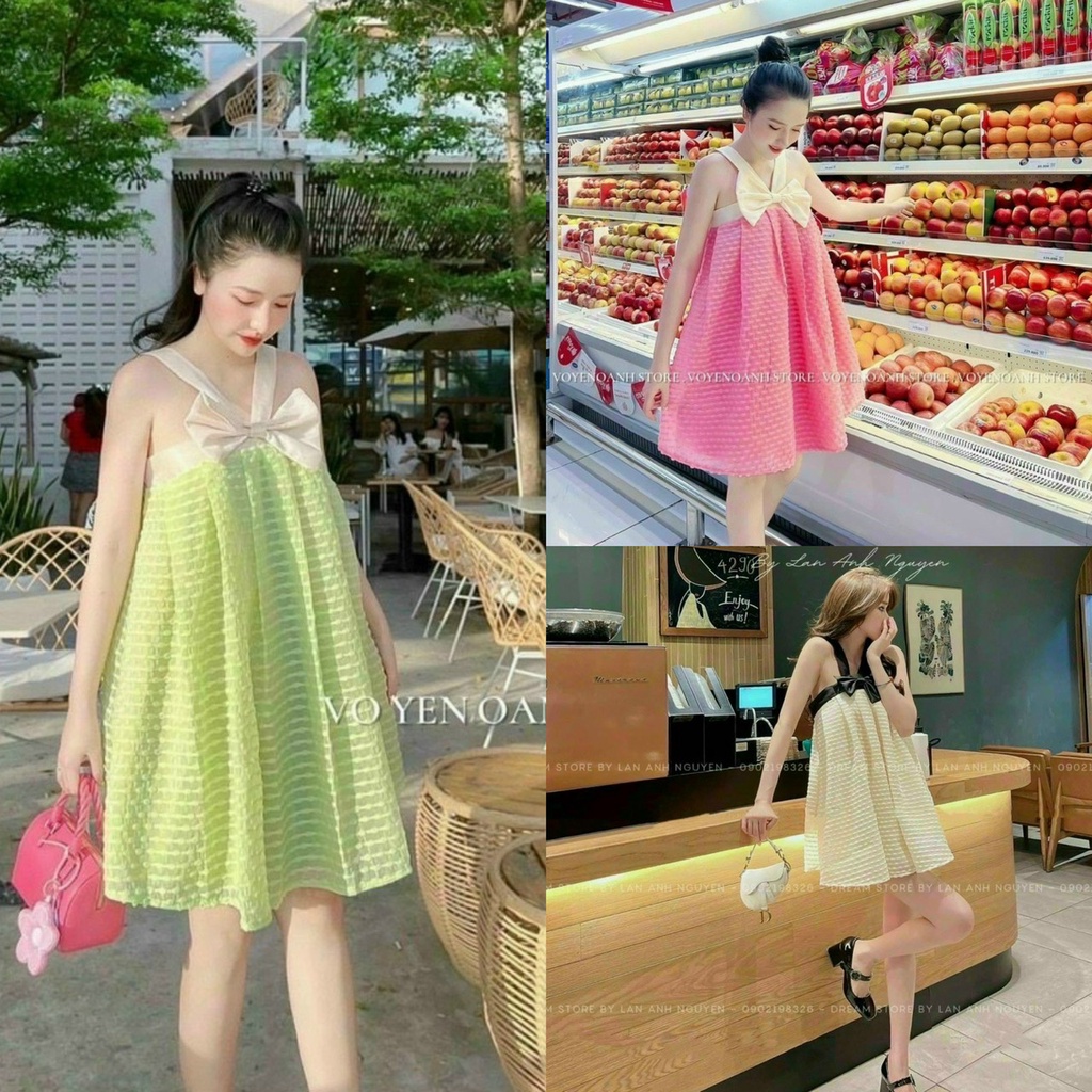 Váy đầm nữ 2 dây phối nơ trước ngực siêu xinh họa tiết nhiều màu tôn da sang chảnh tôn dáng dự tiệc đi chơi, dạo phố