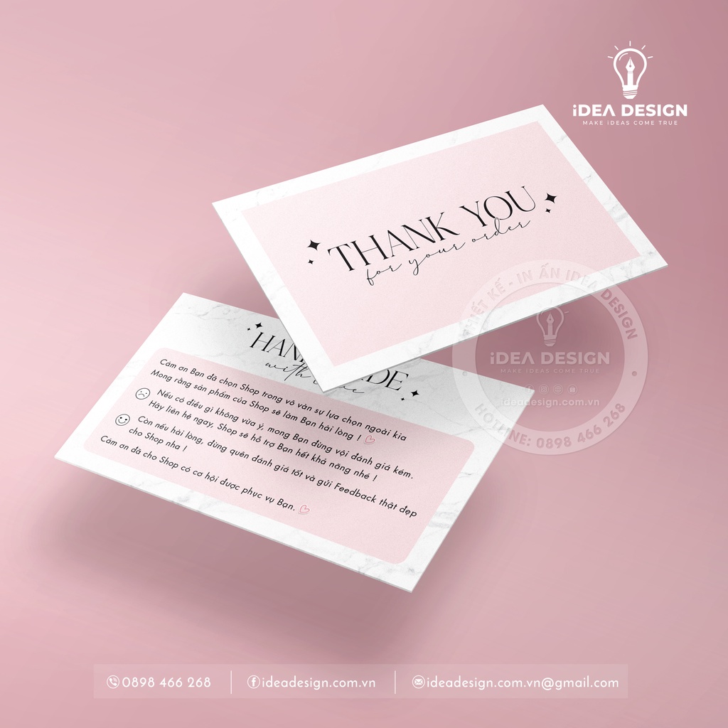 Thank You Card, Thiệp Cám Ơn màu HỒNG phối VÂN ĐÁ Sang Trọng - PINK MARBLE - Size 9x5.4cm - Giấy C300 - Cán Màng Mờ