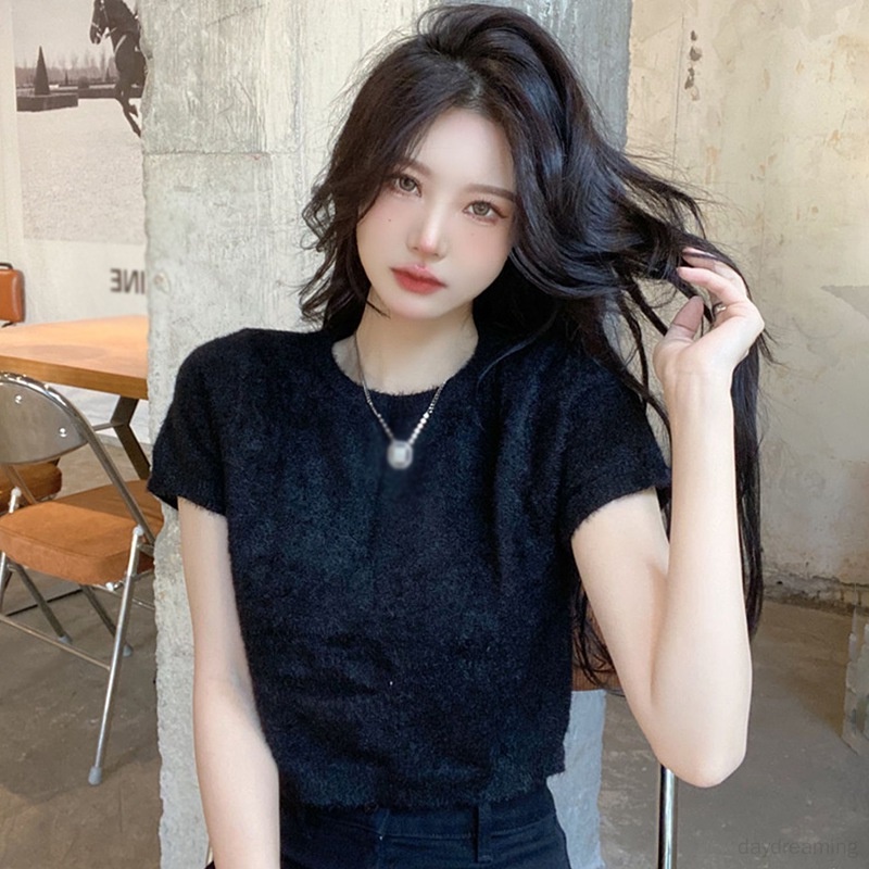 Áo Thun Baby Tee Nữ Tay Ngắn Áo Phông Áo Thun Áo Croptop Dệt Kim Nữ Cổ Tròn Màu Sắc Thanh Lịch Nữ