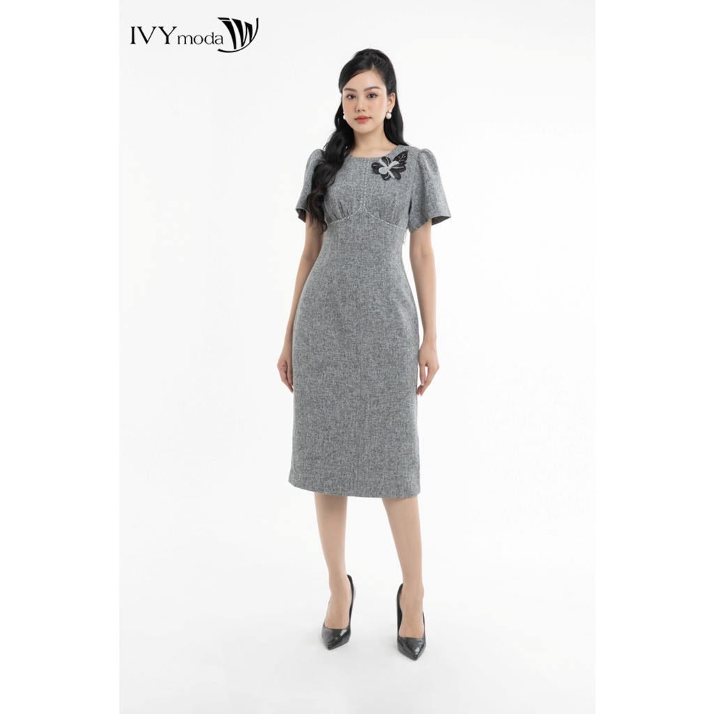 Đầm tweed nữ ôm đính hoa IVY moda MS 48M7889