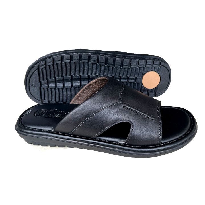 Dép da nam quai ngang da bò mau đen Trường Hải đế cao 3cm DNĐ125