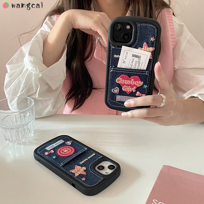 Ốp Điện Thoại Denim Thêu Hình Cô Gái / Ngôi Sao / Nơ Chống Sốc Cho iPhone 14 Plus 14 13 12 11 Pro Max