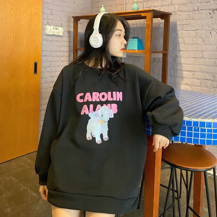 Áo Sweater Form Rộng In Cừu Carolin Unisex, Áo Nỉ Bông Tay Bồng Cute Hàn Quốc Ulzzang