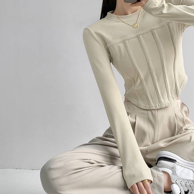 Áo kiểu SUXI tay dài cổ tròn màu trơn dáng ôm thời trang mùa thu dành cho nữ