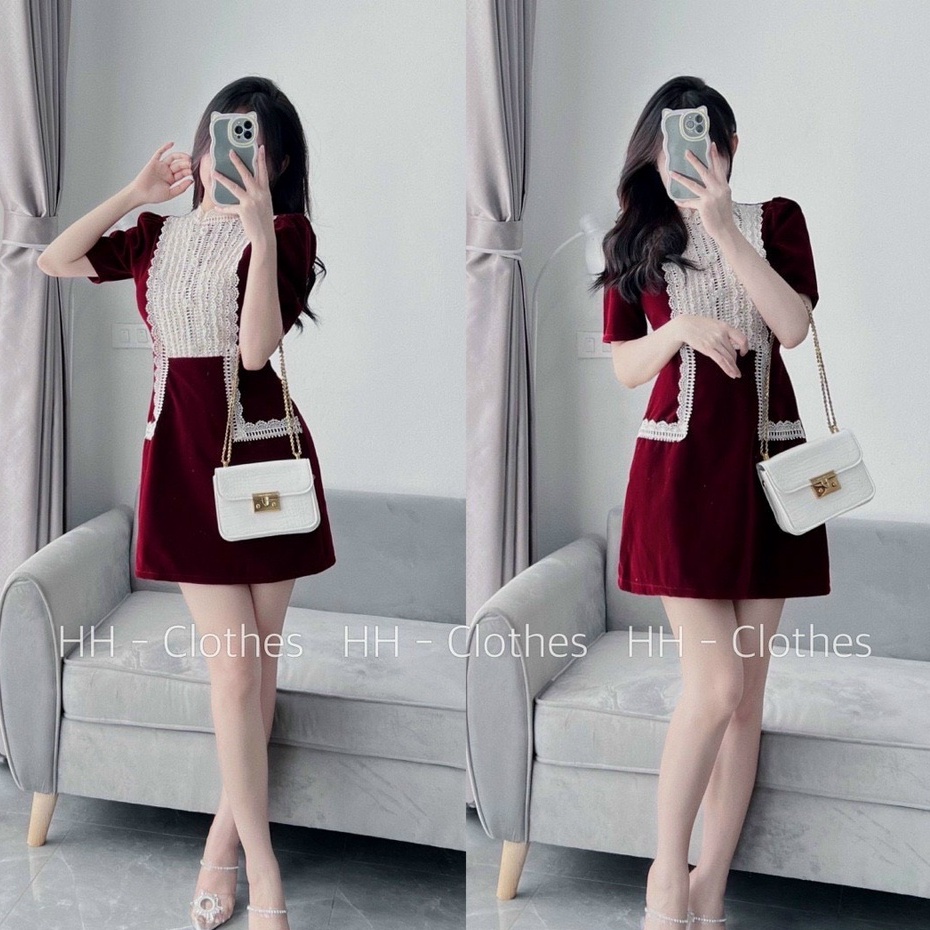 :Váy Nhung Phối Ren Khuy Ngọc 2 Màu Sang Chảnh [LOLLA_YE_FASHION]