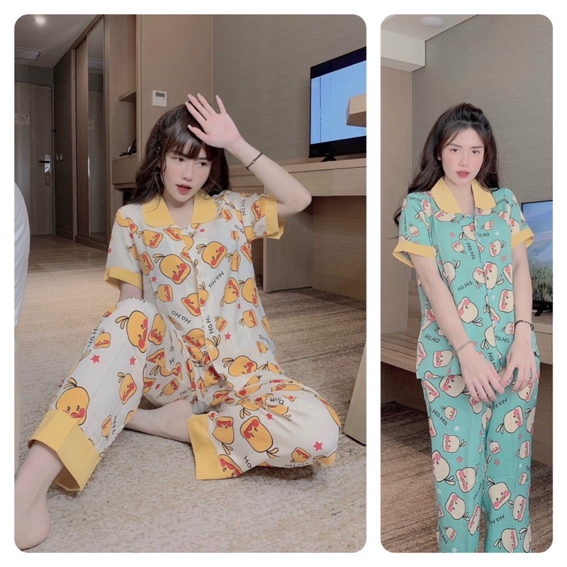 Bộ vịt , gà tay ngắn quần dài (màu vàng, màu xanh ) đồ bộ ngủ nữ , bộ đồ mặc nhà lụa mango cao cấp free siz)