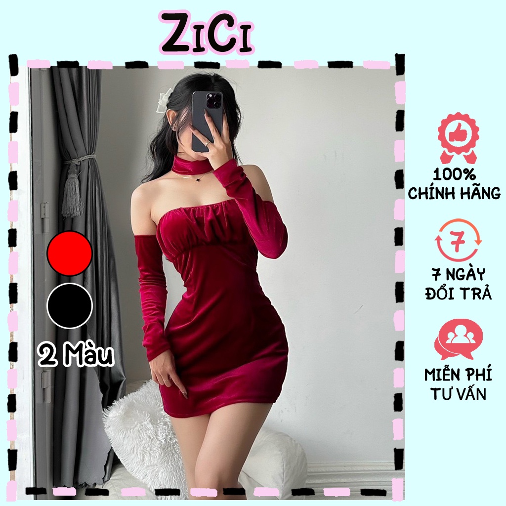 Đầm cúp ngực kèm tay rời cổ choker cá tính gợi cảm có mút ngực Váy nhung dáng ngắn ôm body ZiCi NROI001