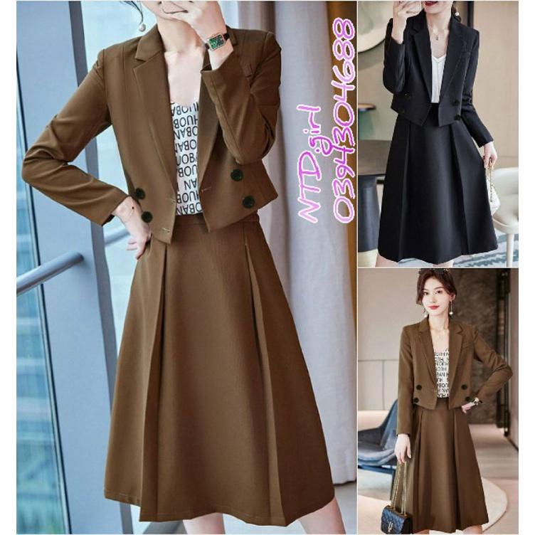 Hàng nhập - Set bộ vest nữ gồm áo blazer và chân váy xòe, sét đầm công sở tuyết lạnh đính 4 nút