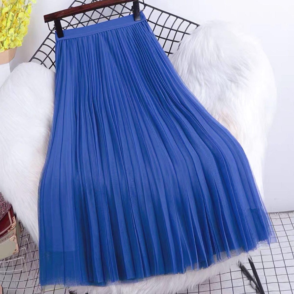 Chân Váy Lưới Xếp Ly Dáng Xòe Dài Lưng Cao Màu Trơn Dễ Phối Đồ