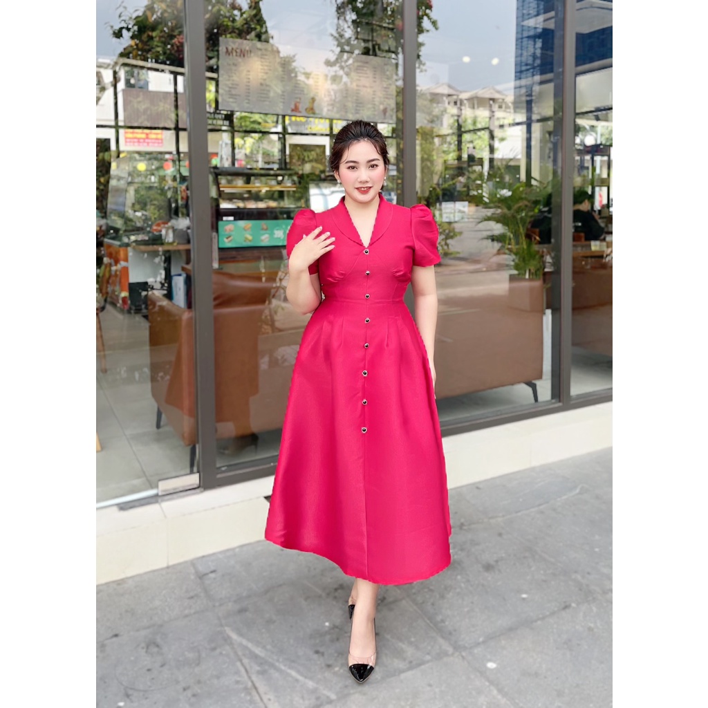 Đầm Dự Tiệc , Váy Bigsize Nữ Cổ Tim Tay Phồng Phối Nút Dáng Dài Tafta Cao Cấp Phiên Bản Dành Cho Người Mập 50.90kg