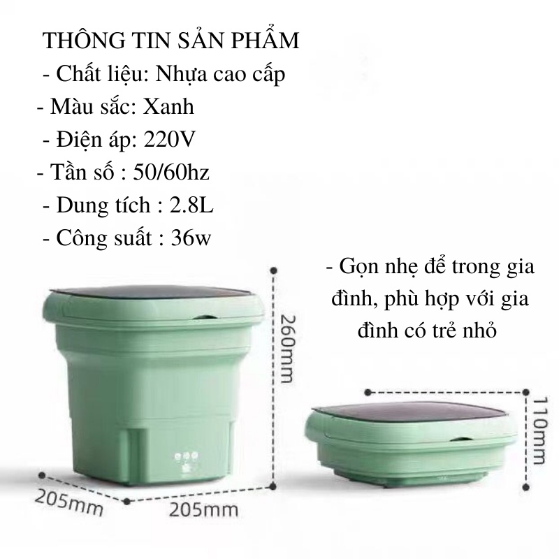 Máy Giặt Mini Tự Động Gấp Gọn Khử Khuẩn Bằng Ánh Sáng Xanh SUMI Công Suất 36W, Dung Tích 2.8L