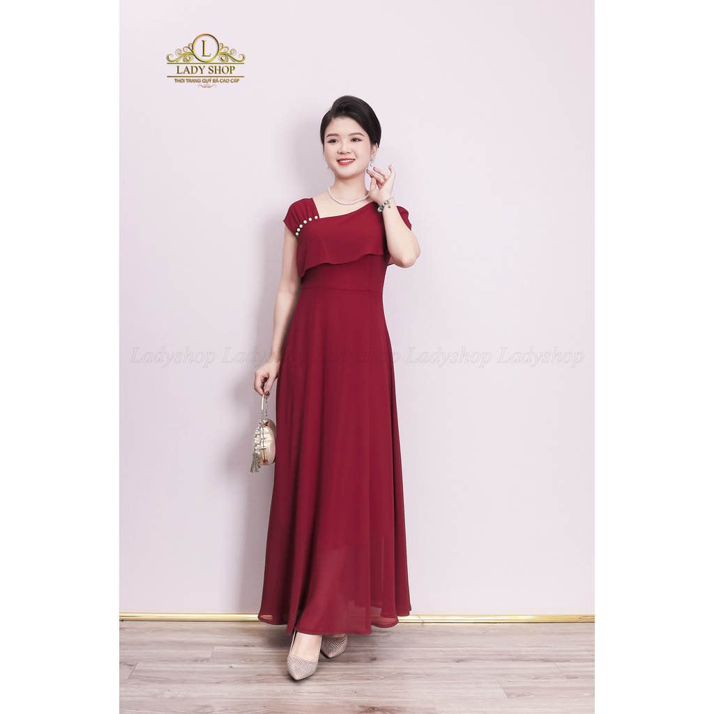 Đầm Maxi dạ hội voan tơ đỏ chéo vai kết trai Ladyshop thời trang trung niên cao cấp T8