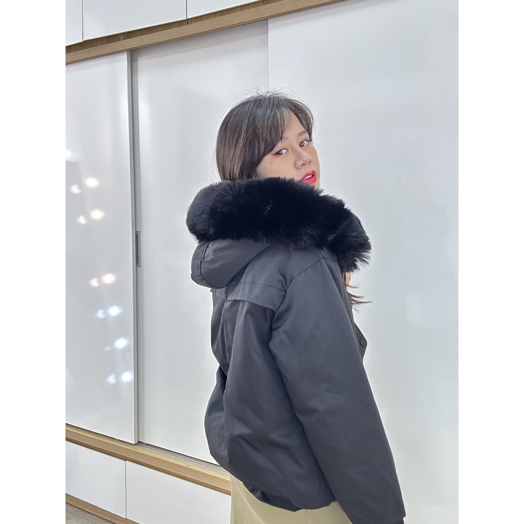 Áo khoác Parka Kaki dáng ngắn lót lông điểm nhấn khoá kéo nắp túi hộp trẻ trung dáng mới phong cách Hàn Quốc 2023 1831 I