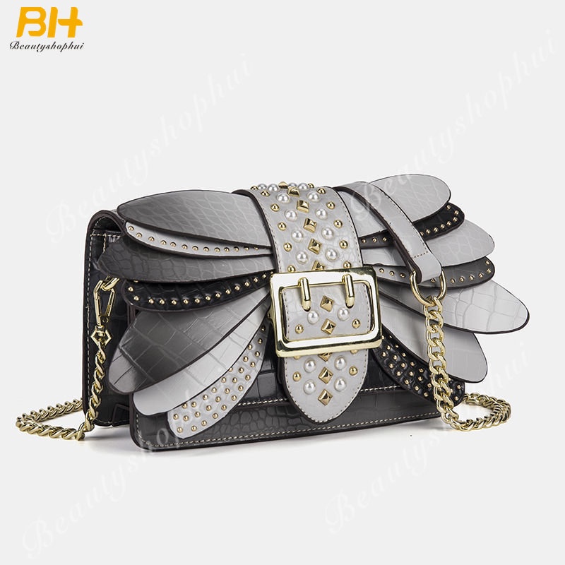 Túi Đeo Chéo Hình Vuông Nhỏ Hình Cánh Ong Đính Đinh Tán Phối Dây Xích Màu Cầu Vồng Thời Trang Mới 2022 Cho Nữ