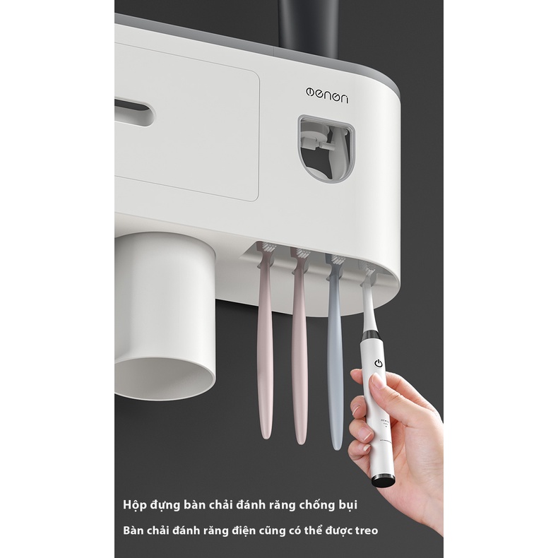 Bộ Nhả Kem Đánh Răng Tự Động - Kệ Treo Bàn Chải Dán Tường Kèm Cốc Hút Nam Châm，Không đấm và không làm hỏng tường