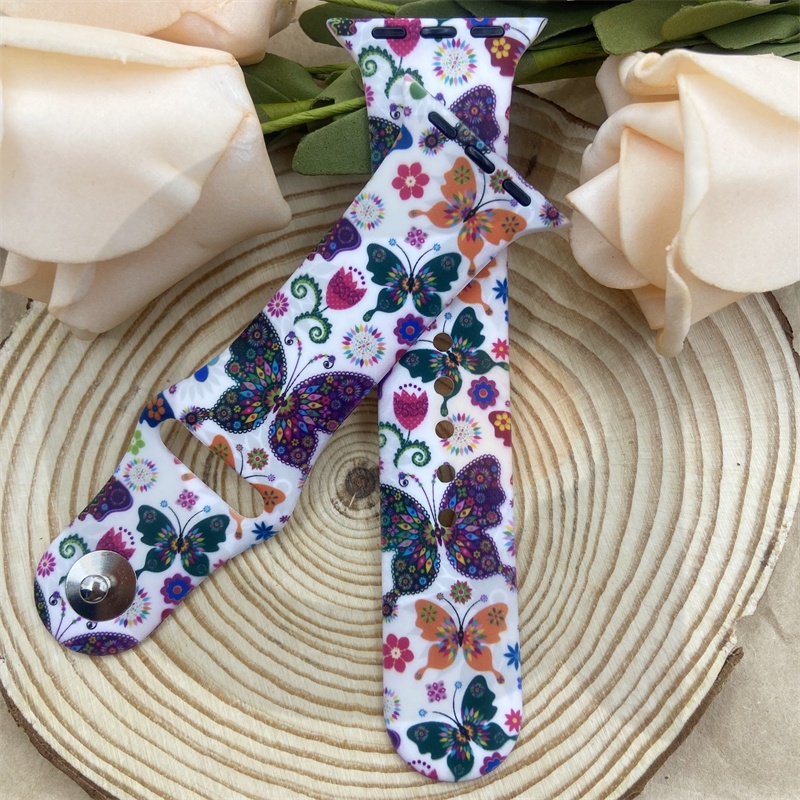 Dây Đồng Hồ Thông Minh Bằng Silicone In Hình Hoa &amp; Bướm Cho iWatch 7 / 6 / 5 / 4 / 3 / 2 / 1 / SE 38 / 40 / 41 / 42 / 44 / 45