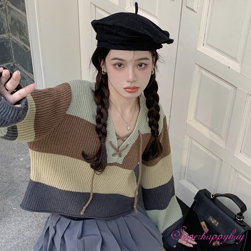 Áo Sweater Dệt Kim Tay Dài Dáng Rộng Kẻ Sọc Màu Sắc Tương Phản Thời Trang Cho Nữ