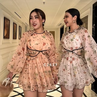 Đầm voan hoa họa tiết hai màu kem, nâu MILINAA  C2627