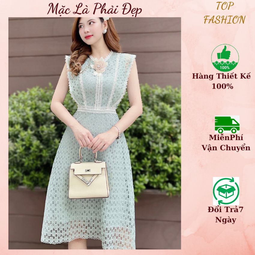 Đầm tiểu thư thiết kế sát lách đầy cá tính TOPFASHION, Váy ren cài hoa sang trọng
