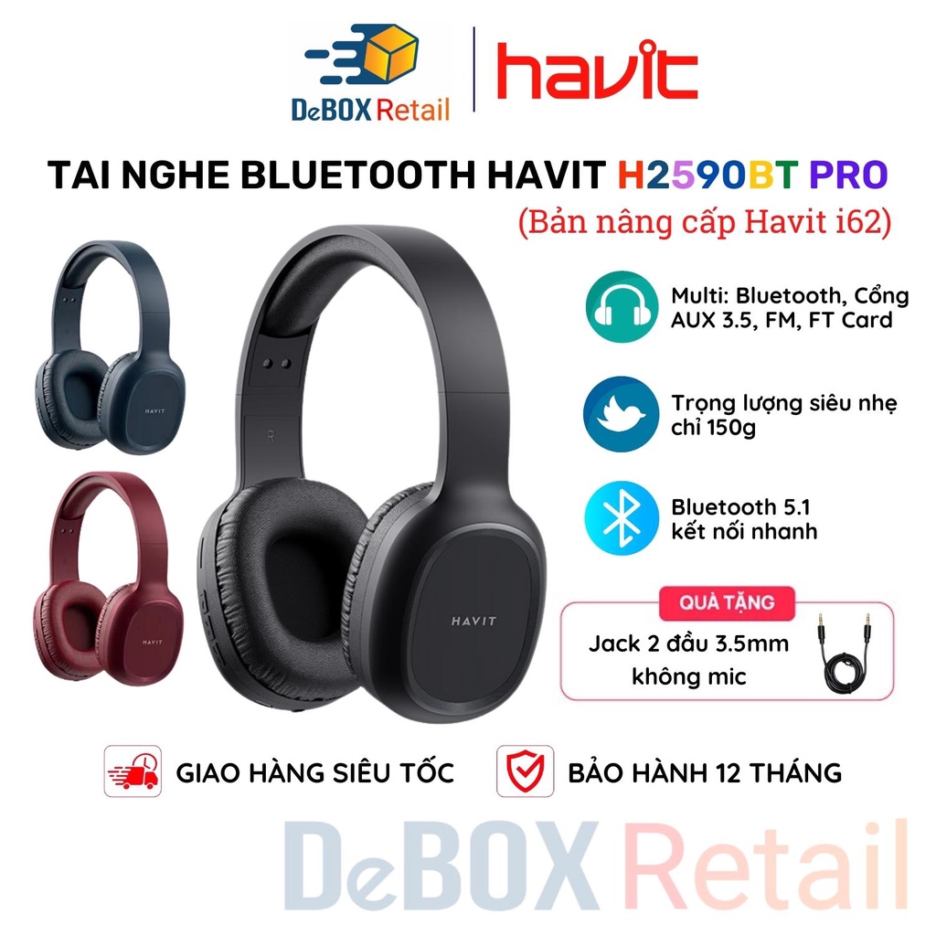 Tai Nghe Chụp Tai Không Dây HAVIT H2590BT Pro Bluetooth 5.1 (Bản nâng cấp của Havit i62) Siêu nhẹ 150g - Hàng chính hãng